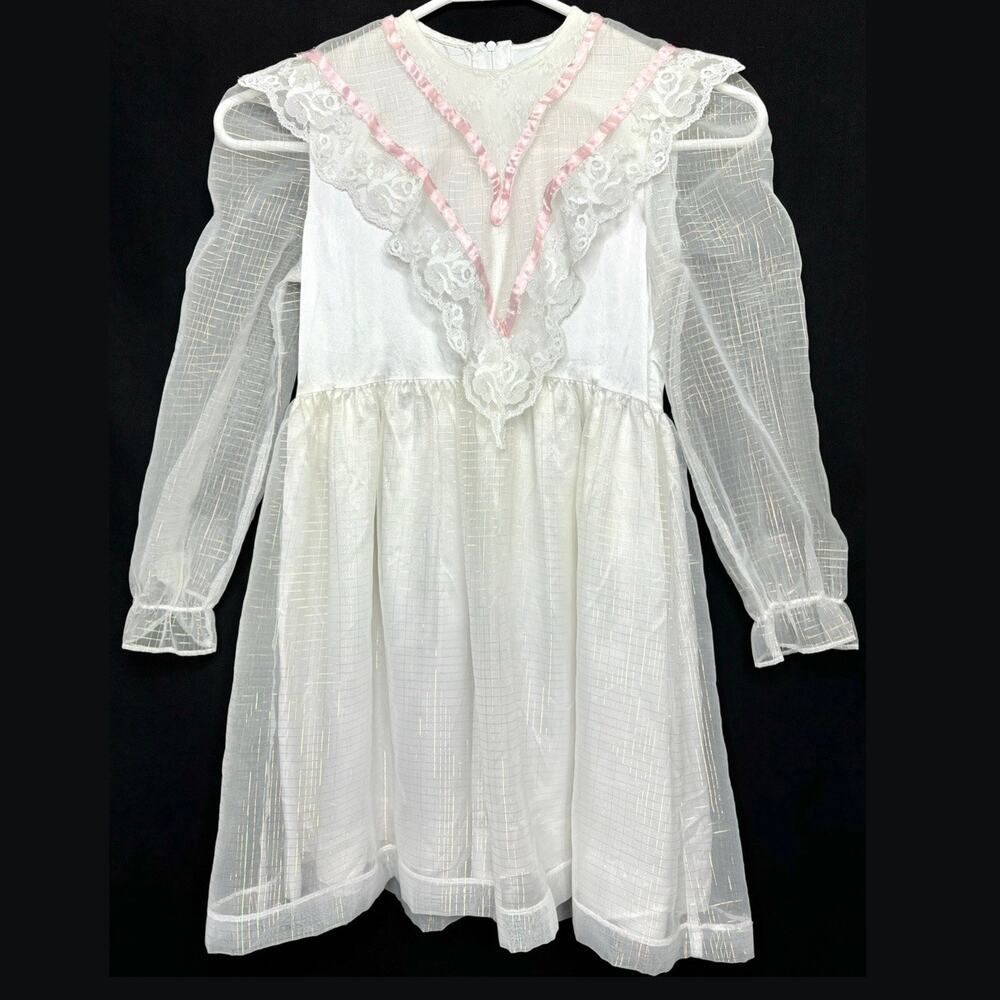 Vintage 1980s Girls Dress 6-8 Iridescent White Pink Trim Lace Polly Flinders